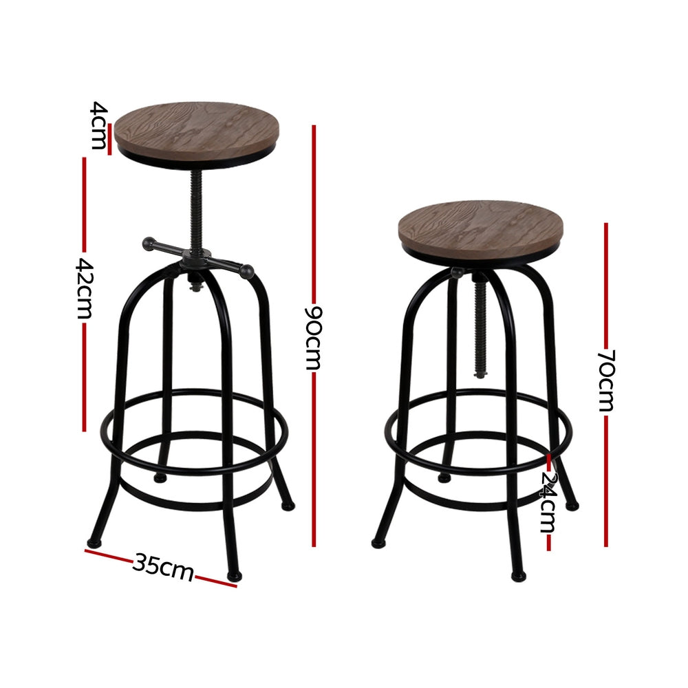 Angus Adjustable Bar Stools 4-Pack Vintage Wooden Seat Black Frame