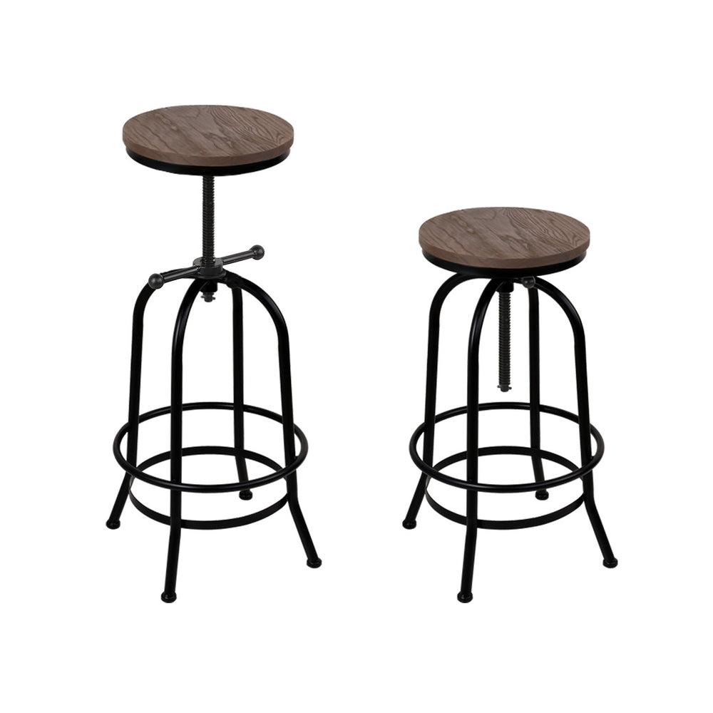 Angus Adjustable Bar Stools 4-Pack Vintage Wooden Seat Black Frame