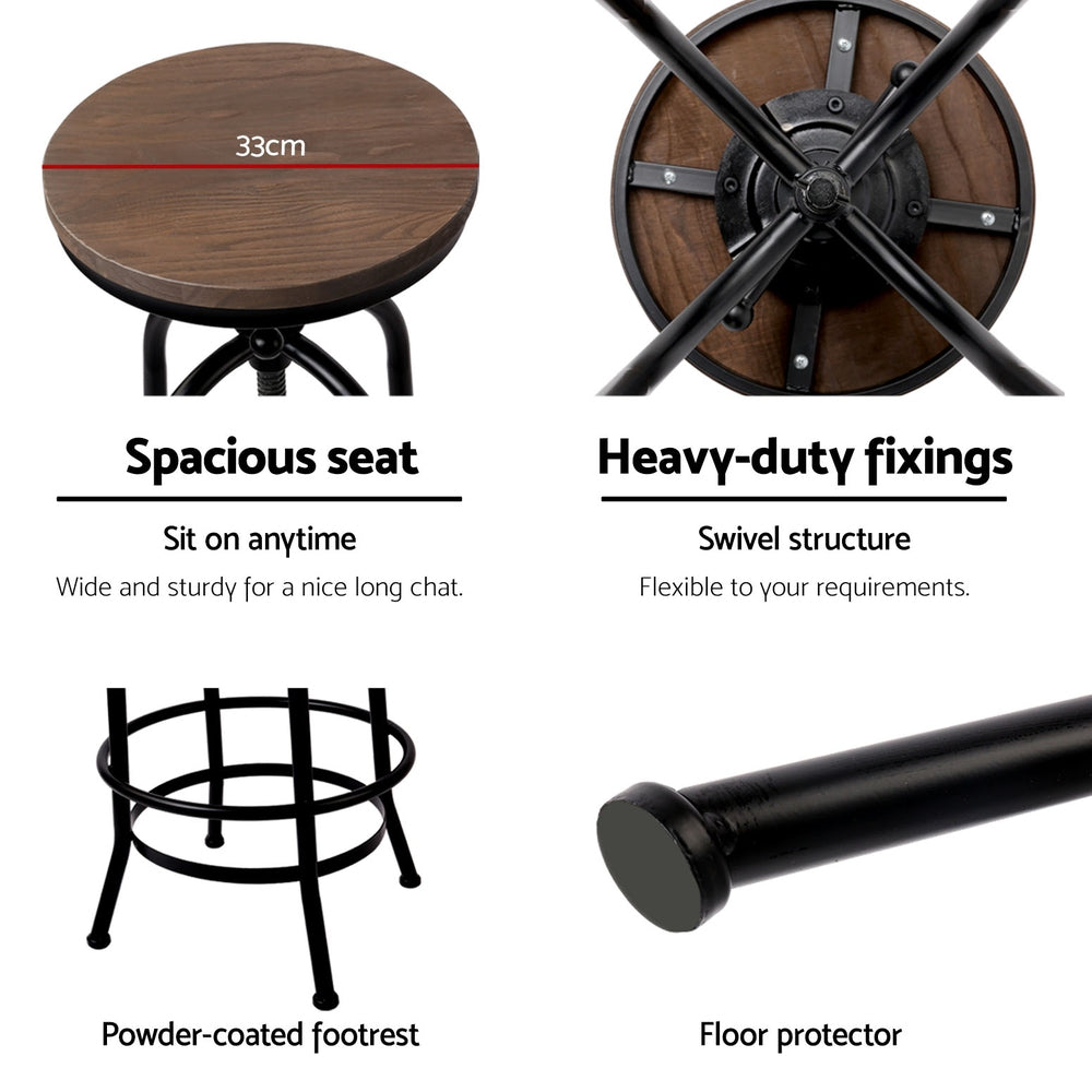 Angus Adjustable Bar Stools 4-Pack Vintage Wooden Seat Black Frame