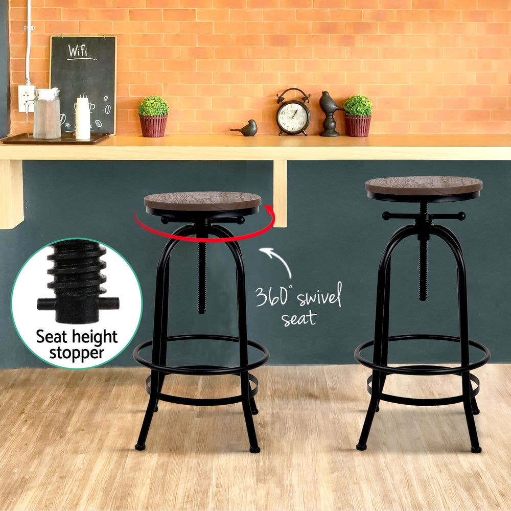 Angus Adjustable Bar Stools 4-Pack Vintage Wooden Seat Black Frame