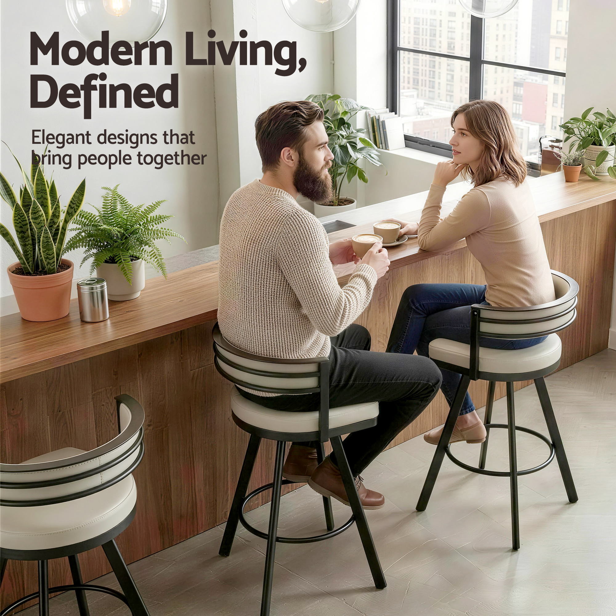 Artiss Bar Stools Set of 4 Swivel Kitchen Chair Metal Counter Beige Leather