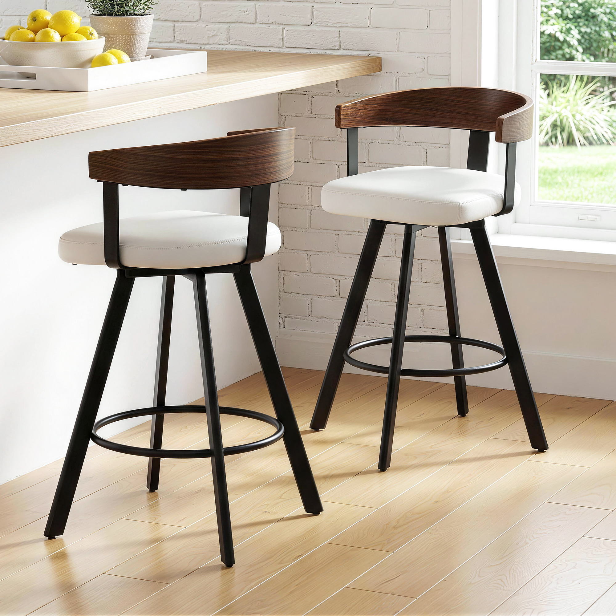 2x Artiss Bar Stools Swivel Kitchen Chairs Metal Legs Bentwood Counter White PU