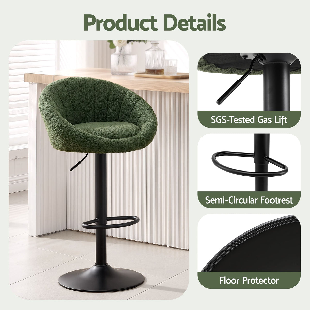 Artiss 4x Bar Stools Kitchen Chairs Gas Lift Adjustable Round Shell Boucle Green