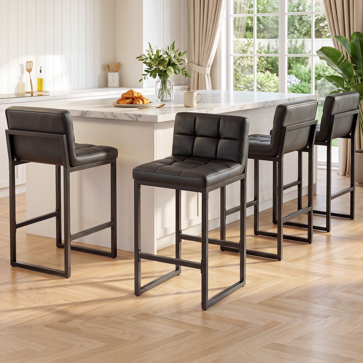 Artiss Bar Stools Set of 4 PU Leather Counter Chairs 65cm Seat Height with Low Back Black