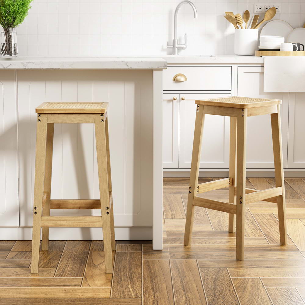 Rubber Wood & Rattan Bar Stools Set of 2 - Artiss