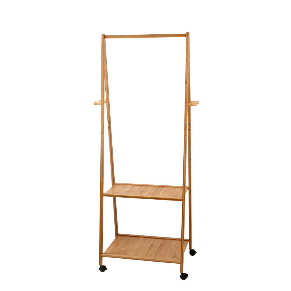 Bamboo Clothes Rack Airer Coat Stand 165x59cm Wheels Natural