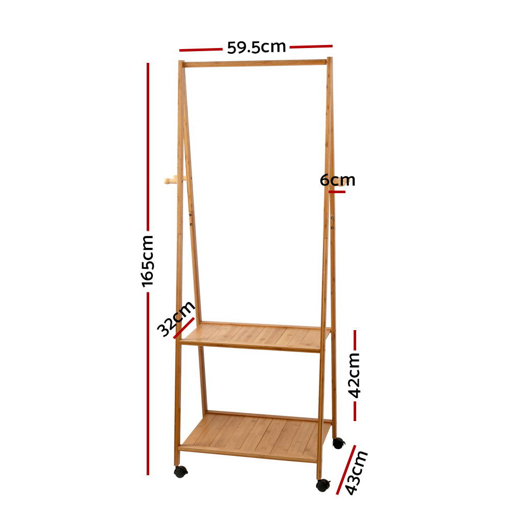 Bamboo Clothes Rack Airer Coat Stand 165x59cm Wheels Natural