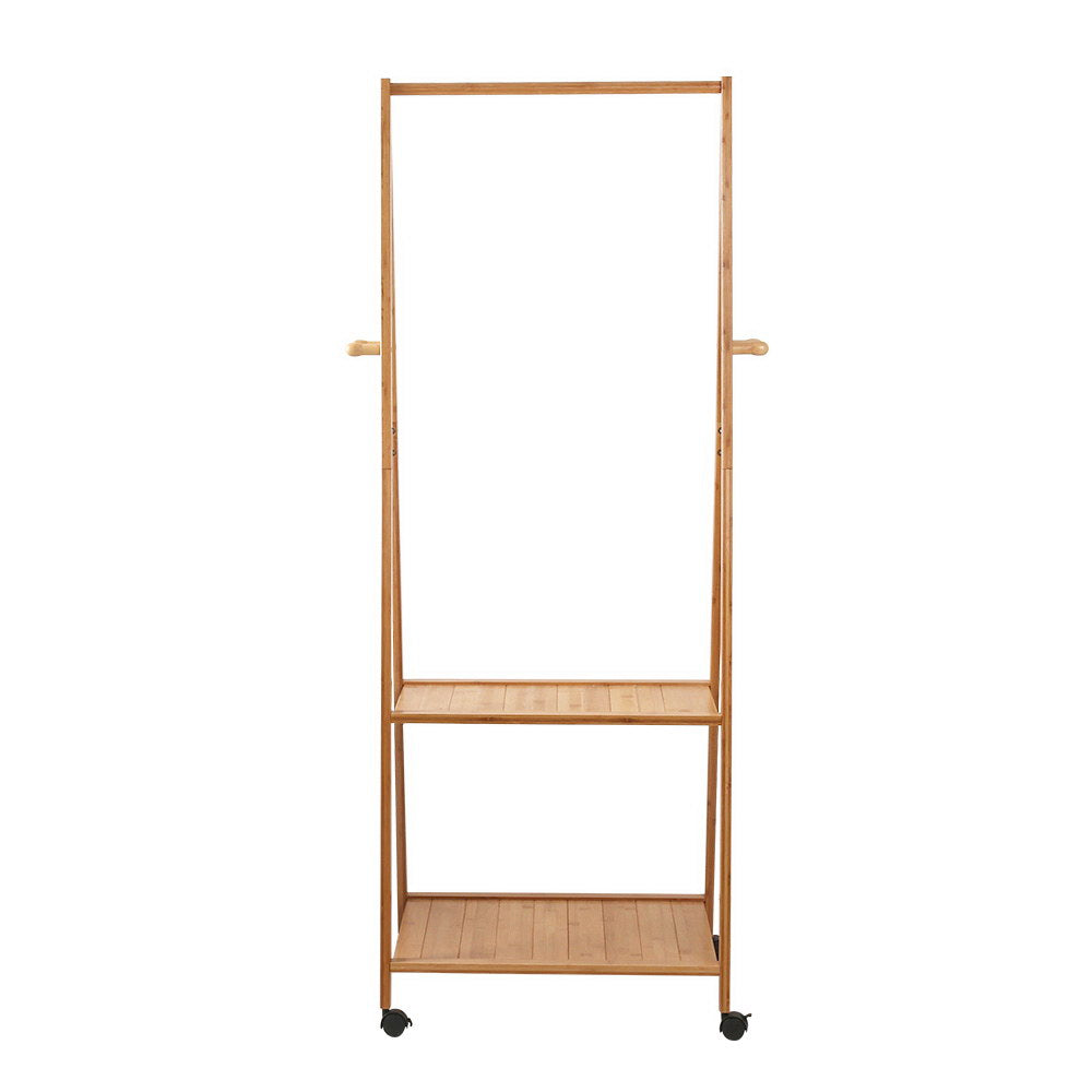 Bamboo Clothes Rack Airer Coat Stand 165x59cm Wheels Natural