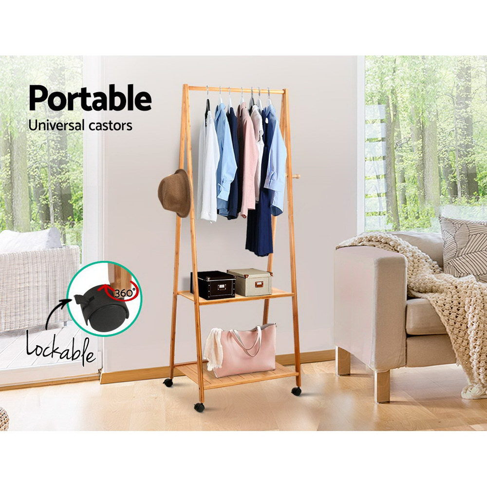 Bamboo Clothes Rack Airer Coat Stand 165x59cm Wheels Natural