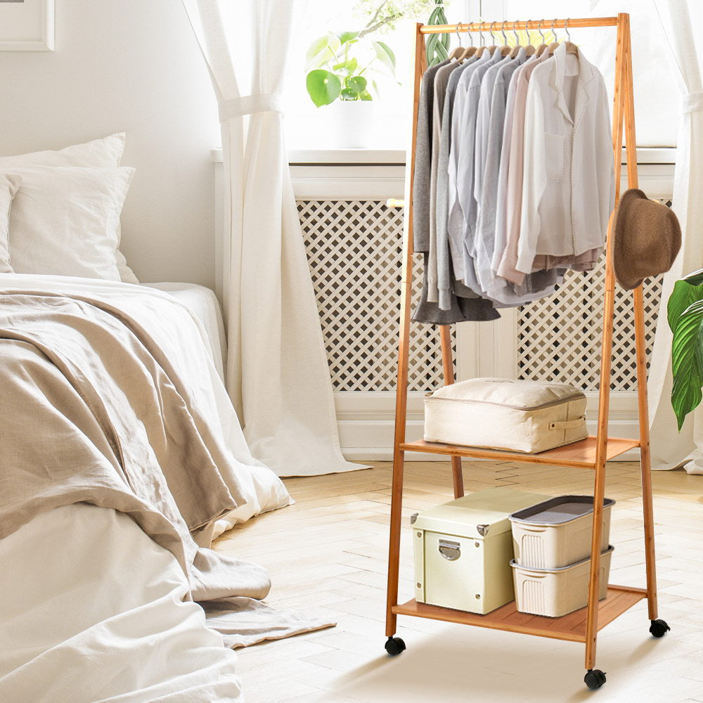 Bamboo Clothes Rack Airer Coat Stand 165x59cm Wheels Natural