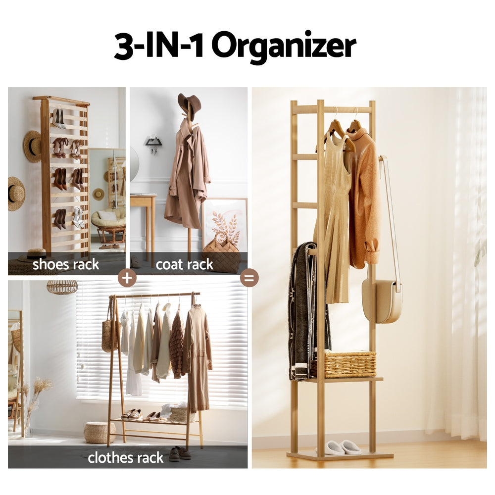 Bamboo Clothes Rack Airer Coat Stand 3-in-1 Storage