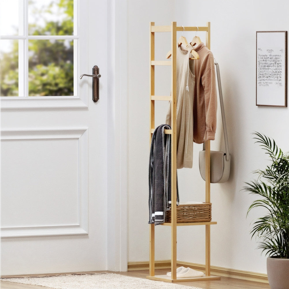 Bamboo Clothes Rack Airer Coat Stand 3-in-1 Storage