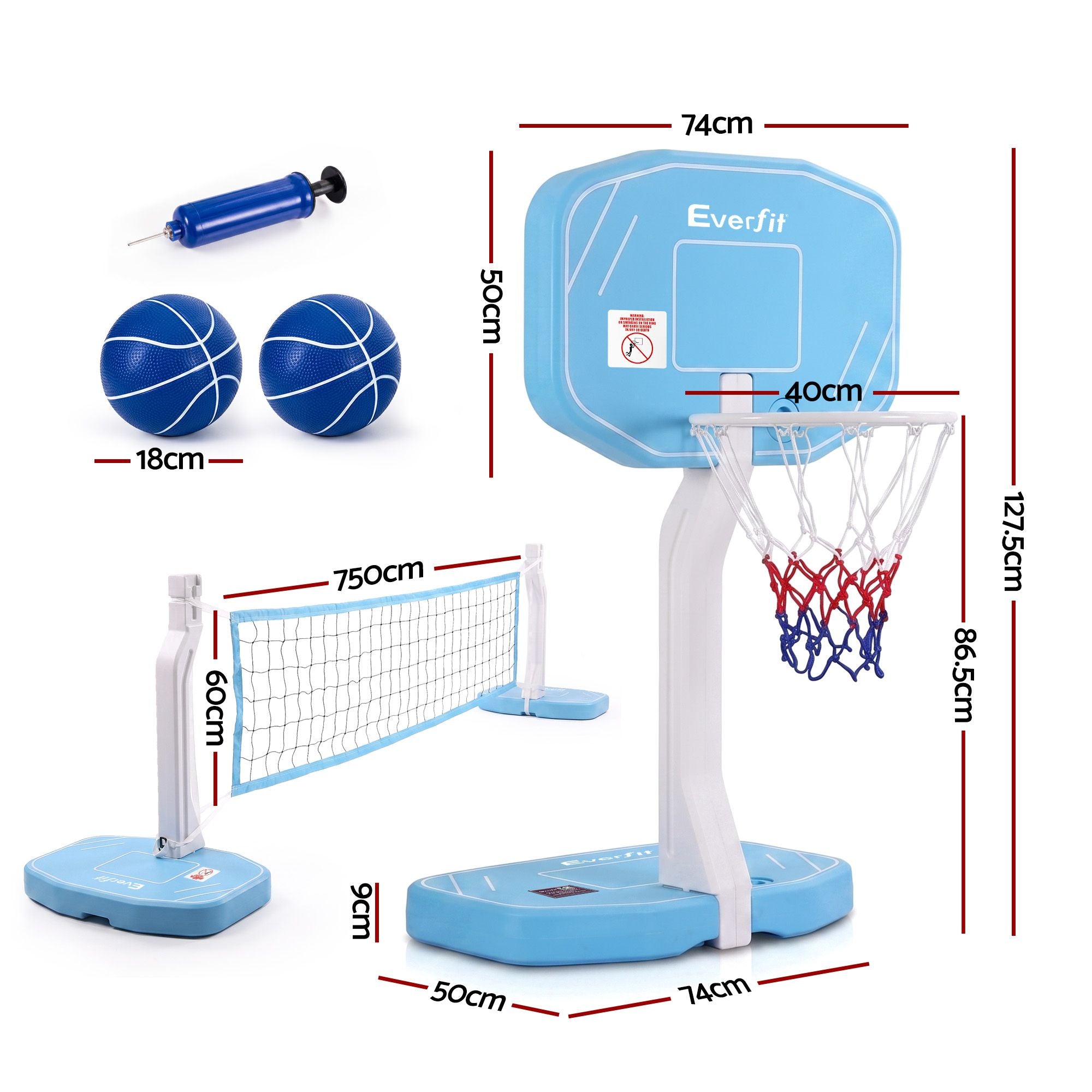 Everfit 2 in 1 Pool Basketball Hoop Volleyball Net Set Water Sports Game Combo Weighted Base Blue