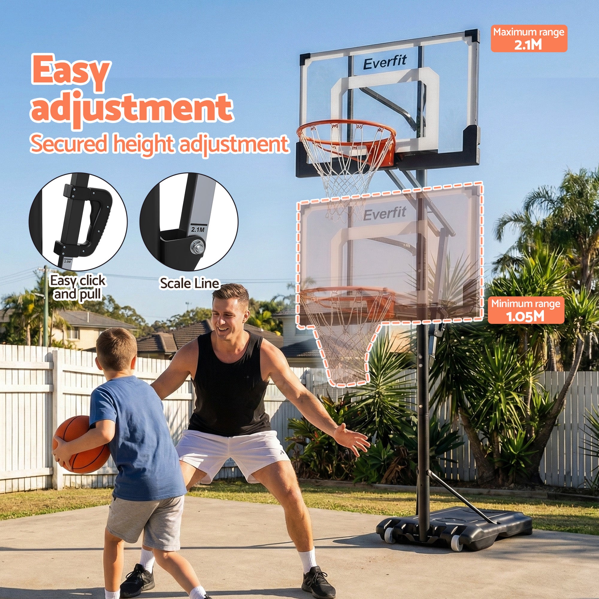 Everfit Portable Basketball Hoop Adjustable Pool Goal System Backyard 1.05M-2.1M