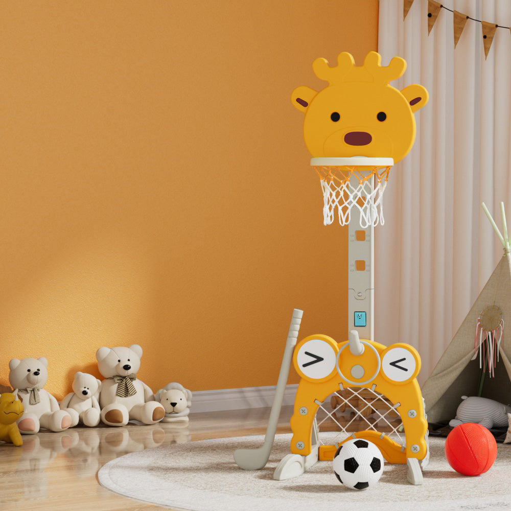 Keezi Kids 5-in-1 Sports Centre Adjustable Basketball Hoop Stand Yellow