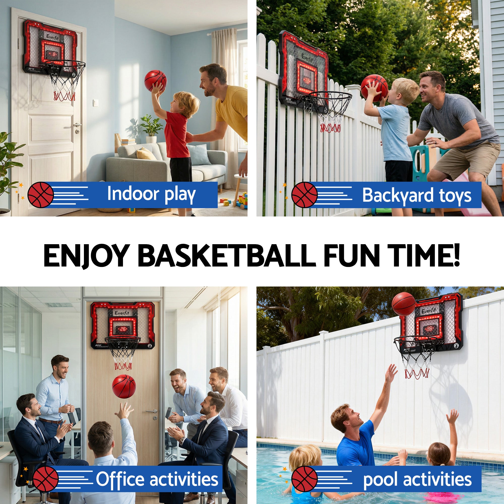 Everfit Mini Basketball Hoop Over Door Indoor LED Scoreboard Kids Set 40x30cm