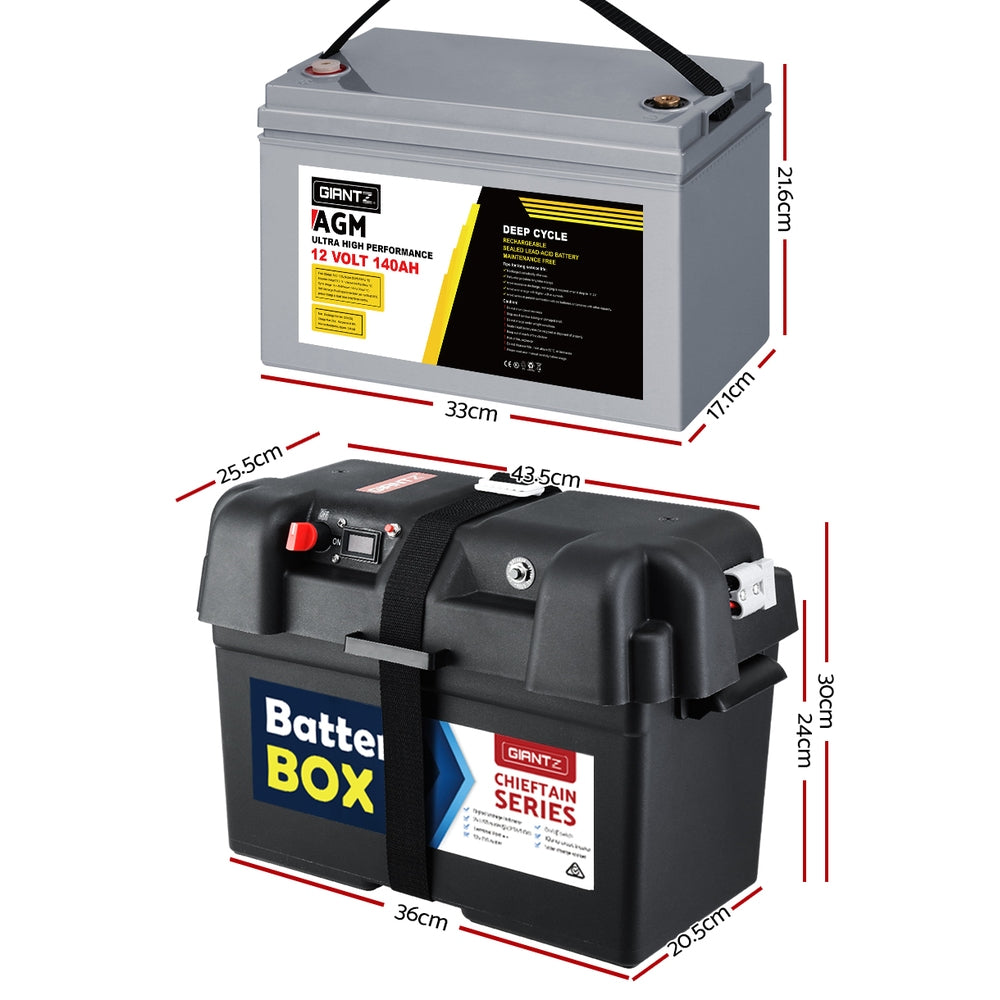 Giantz 140Ah AGM Deep Cycle Battery 12V with Portable Solar Battery Box for Caravan Camping
