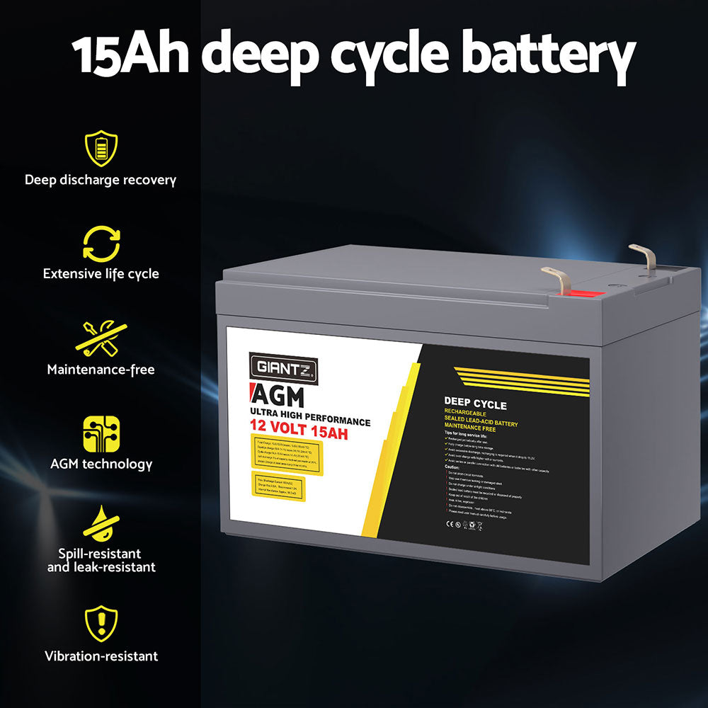 Giantz 12V 15Ah Deep Cycle AGM Battery Portable Solar Caravan Camping