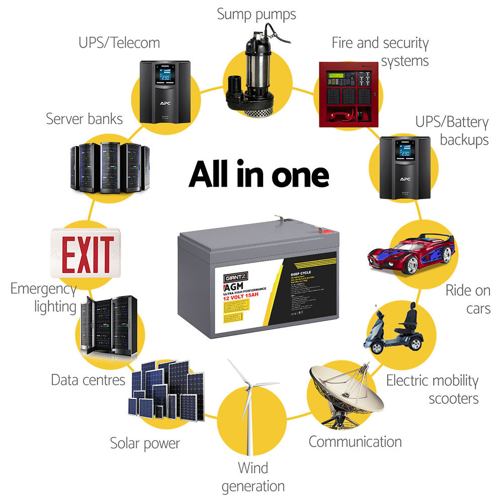 Giantz 12V 15Ah Deep Cycle AGM Battery Portable Solar Caravan Camping