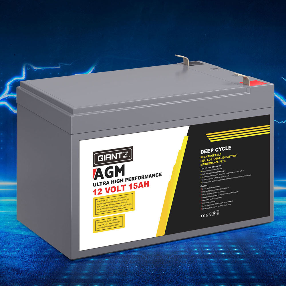 Giantz 12V 15Ah Deep Cycle AGM Battery Portable Solar Caravan Camping
