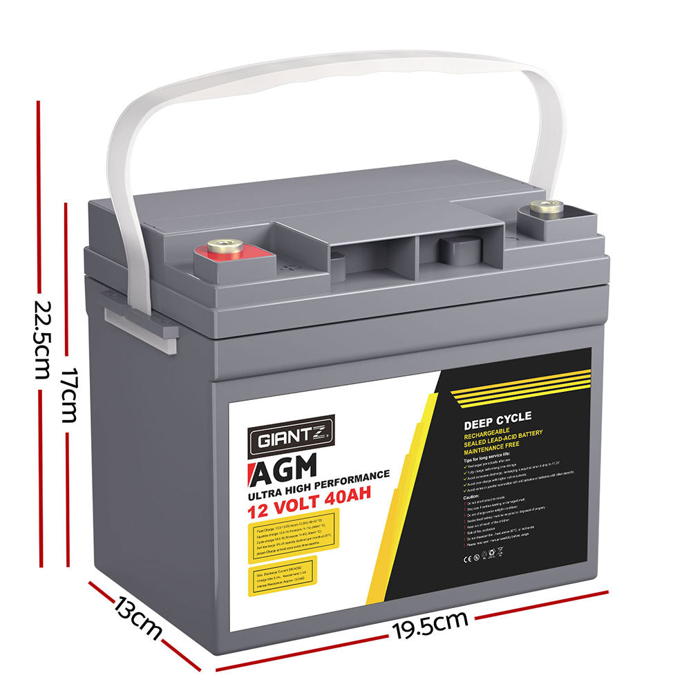 Giantz 12V 40Ah Deep Cycle AGM Battery Portable Solar Caravan Camping