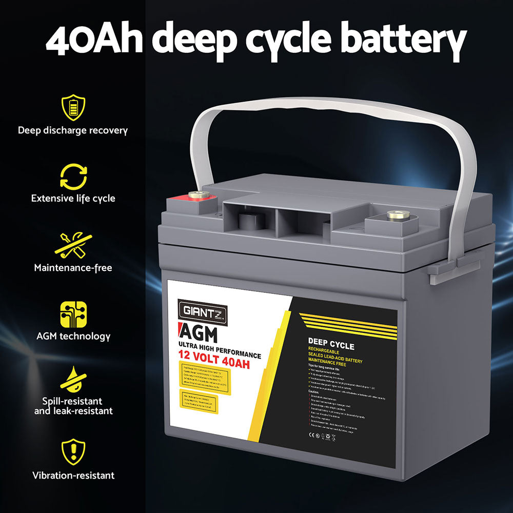 Giantz 12V 40Ah Deep Cycle AGM Battery Portable Solar Caravan Camping