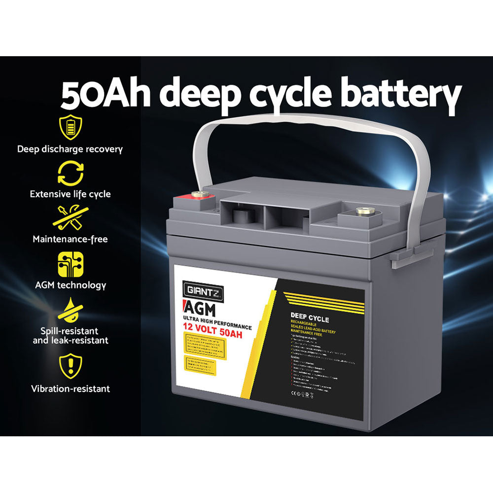 Giantz 12V 50Ah AGM Deep Cycle Battery Portable Solar Caravan Camping