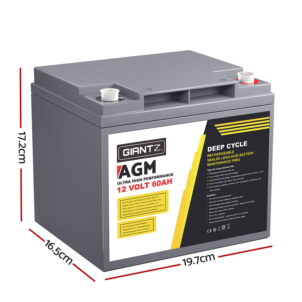 Giantz 12V 60Ah Deep Cycle AGM Battery Portable Solar Caravan Camping