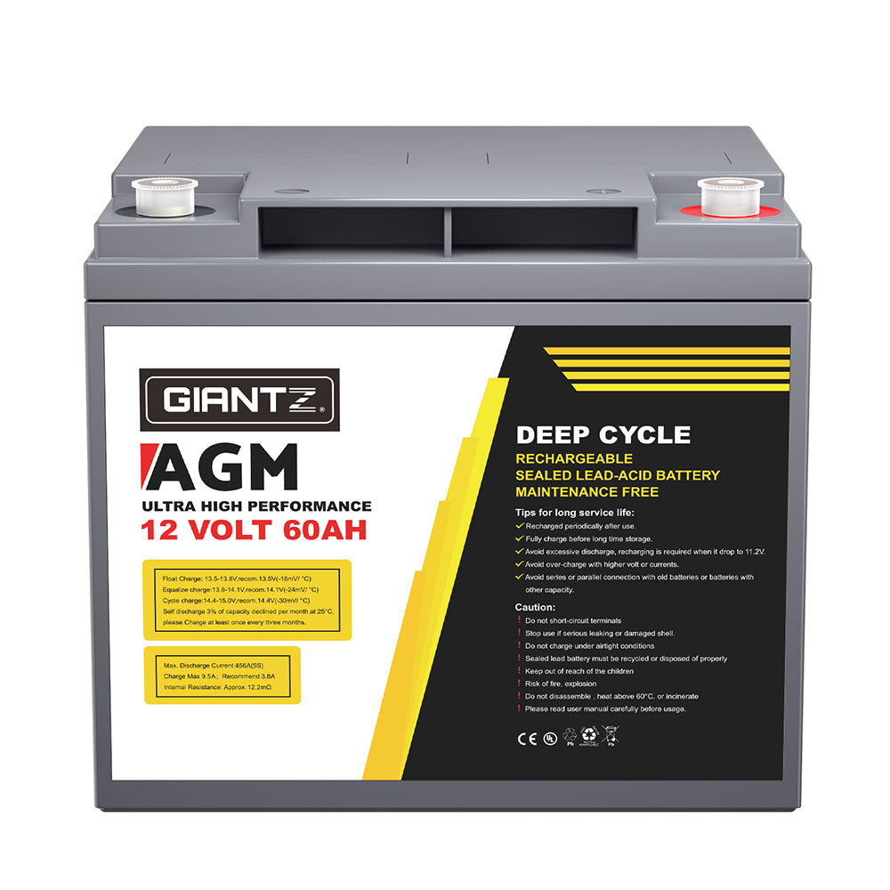 Giantz 12V 60Ah Deep Cycle AGM Battery Portable Solar Caravan Camping