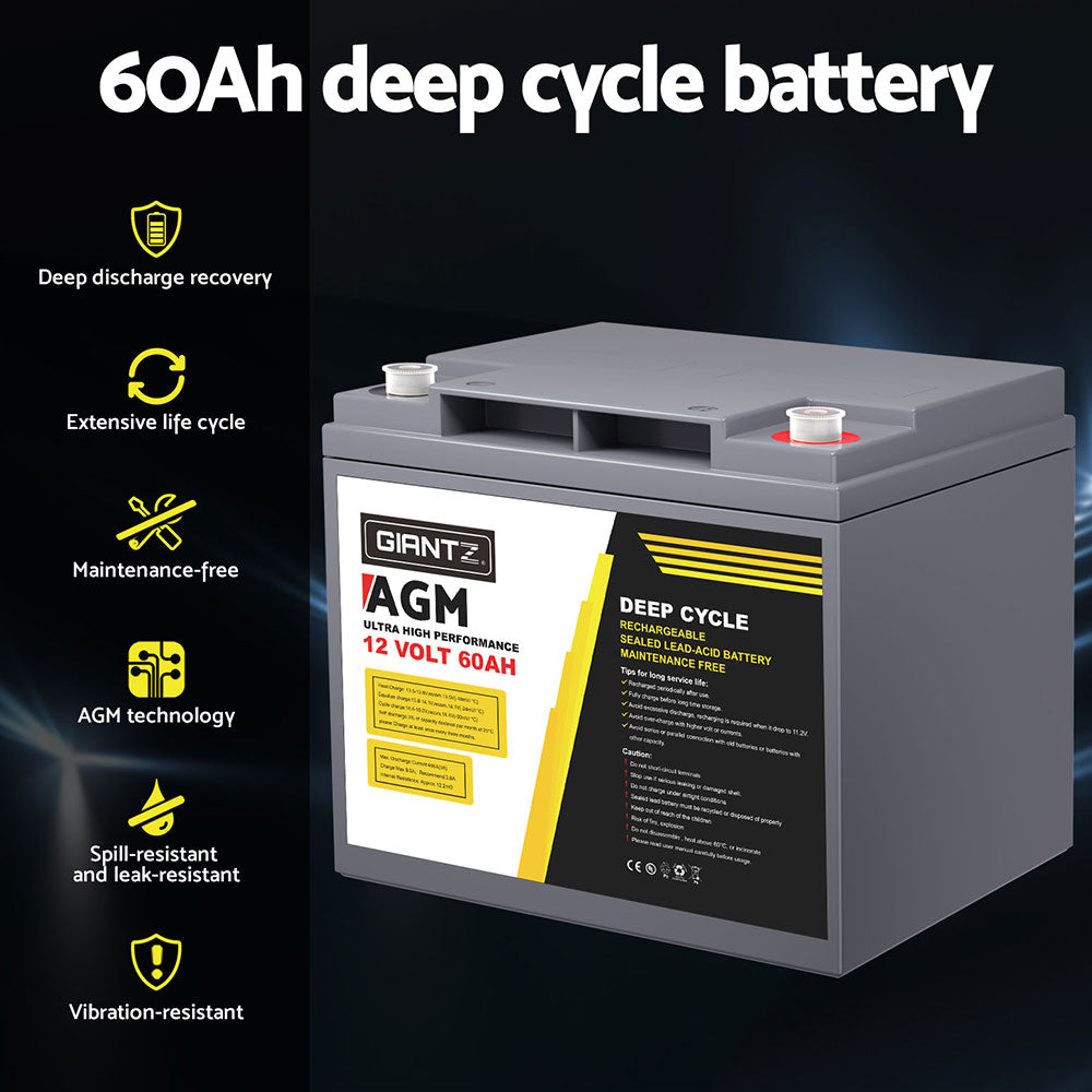 Giantz 12V 60Ah Deep Cycle AGM Battery Portable Solar Caravan Camping