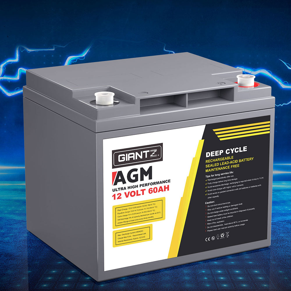Giantz 12V 60Ah Deep Cycle AGM Battery Portable Solar Caravan Camping