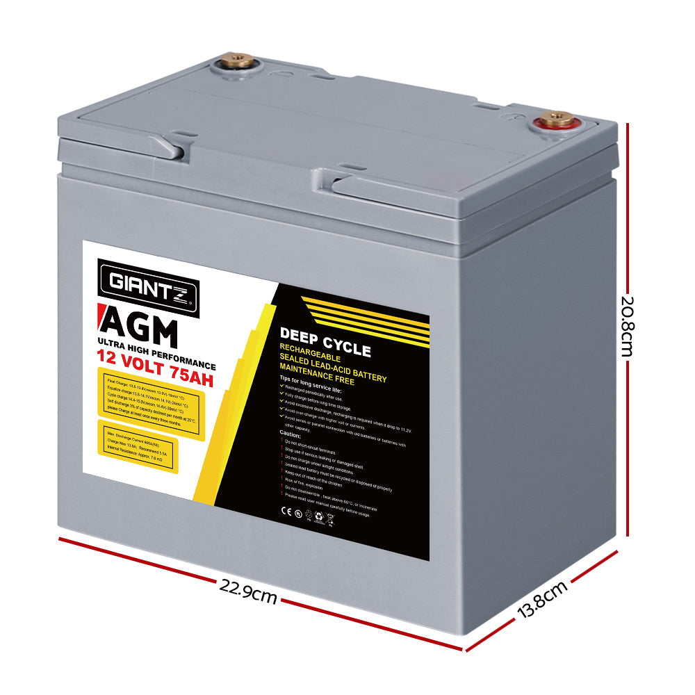 Giantz 75Ah AGM Deep Cycle Battery 12V Portable Solar Caravan Camping