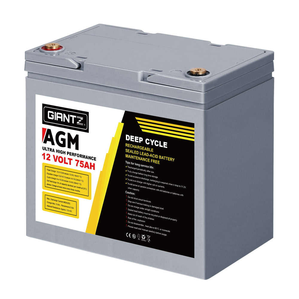 Giantz 75Ah AGM Deep Cycle Battery 12V Portable Solar Caravan Camping