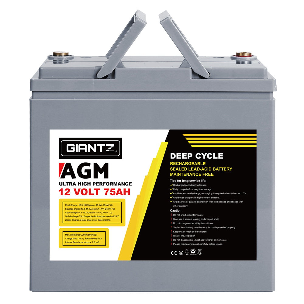 Giantz 75Ah AGM Deep Cycle Battery 12V Portable Solar Caravan Camping