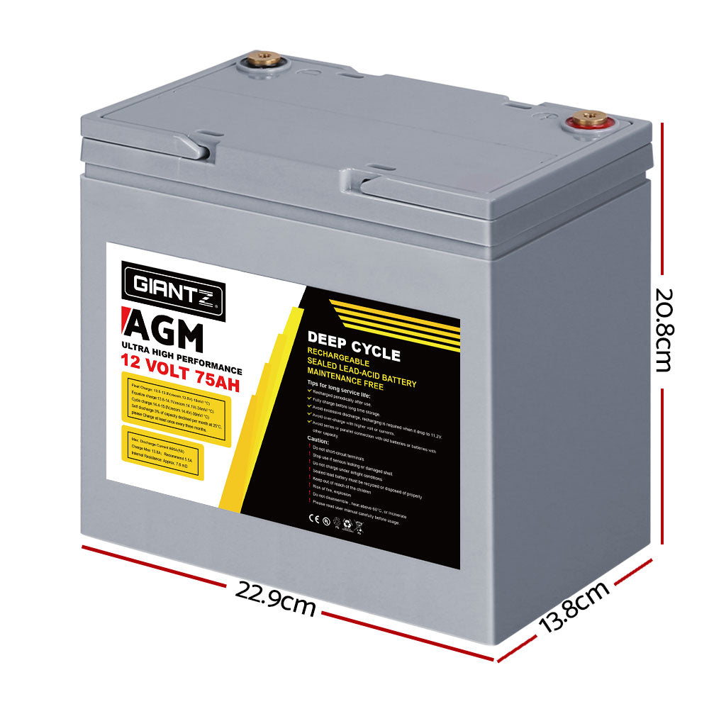 Giantz 12V 75Ah AGM Deep Cycle Battery Pack for Caravan Camping
