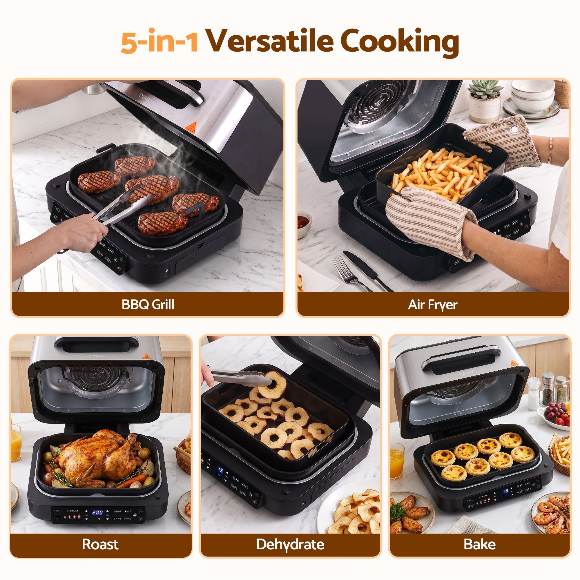 Devanti 5-in-1 Electric BBQ Grill Air Fryer, 2200W 8L Smart Thermometer