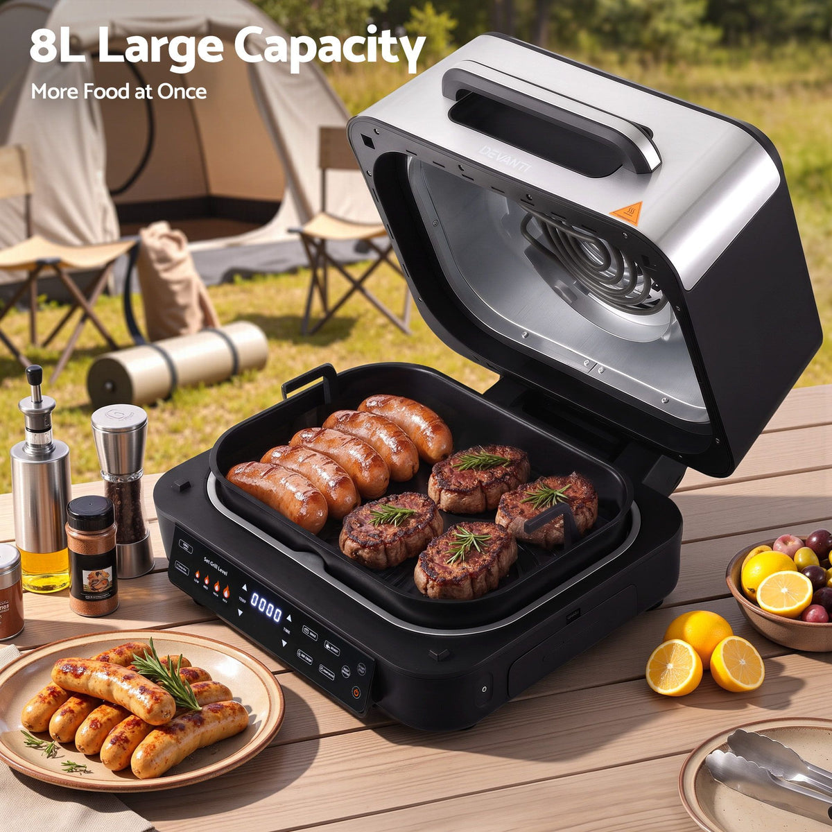 Devanti 5-in-1 Electric BBQ Grill Air Fryer, 2200W 8L Smart Thermometer