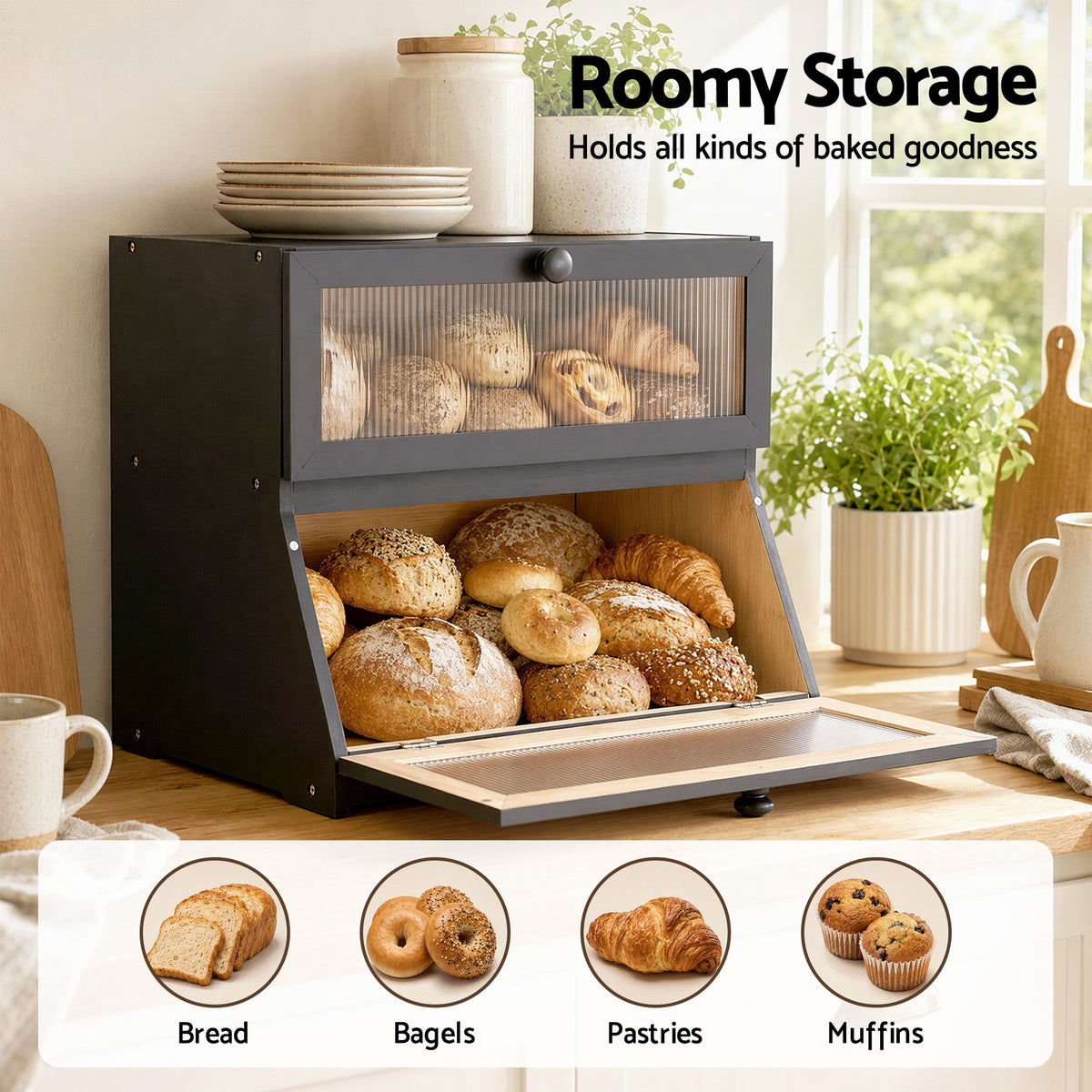 Artiss 2-Tier Bamboo Bread Box Kitchen Countertop 40cm Black