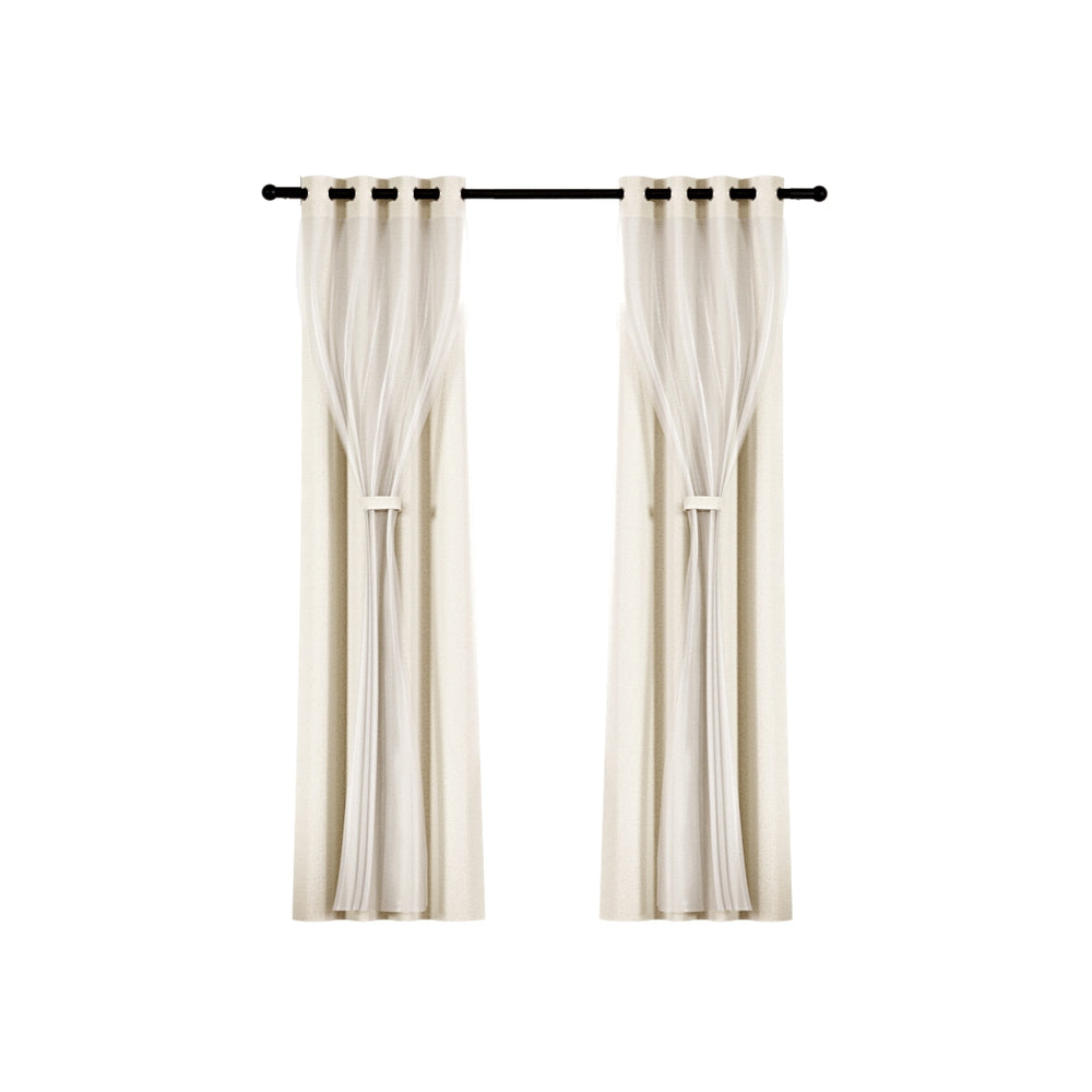 Artiss Blockout Sheer Curtains 132x160cm Beige 2-Pack