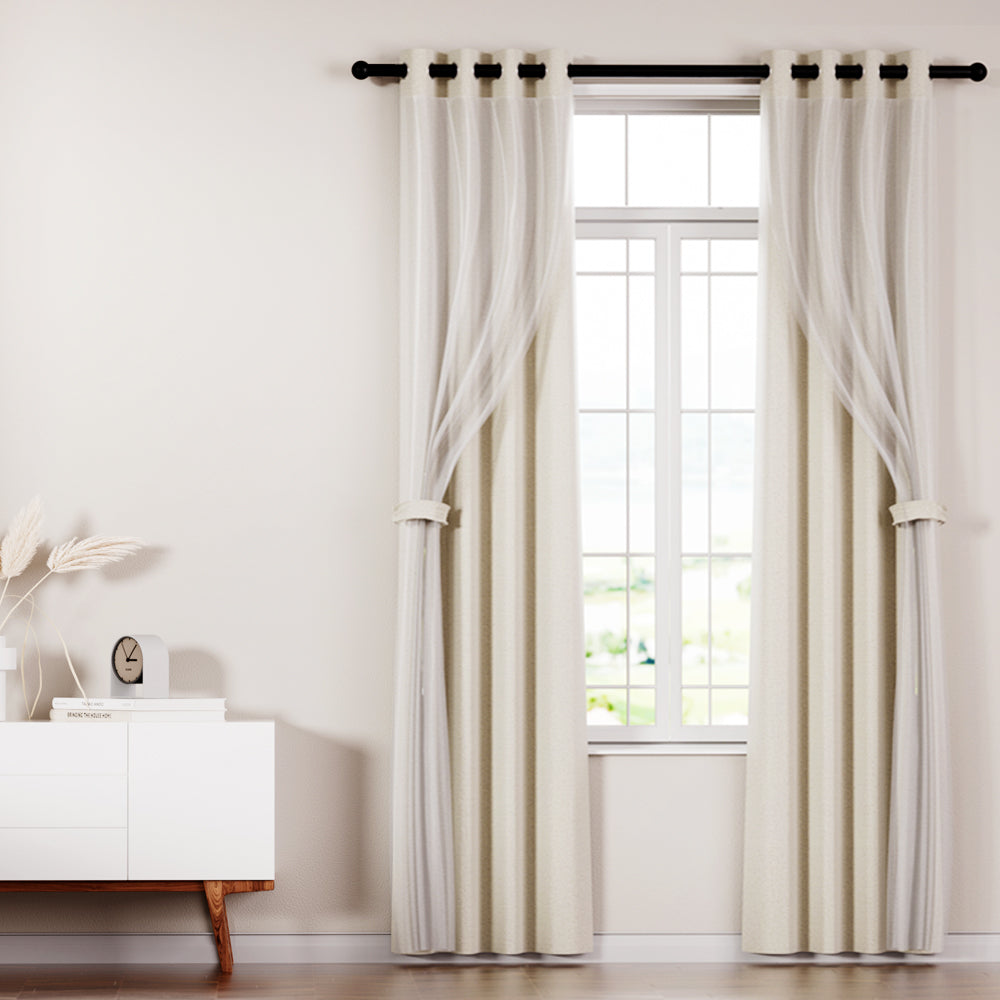 Artiss Blockout Sheer Curtains 132x160cm Beige 2-Pack