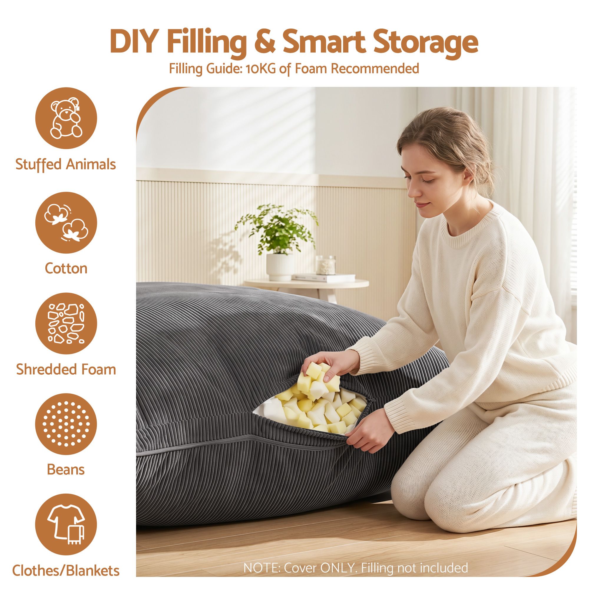 Artiss 3 in 1 Bean Bag Chair Cover No Filler Convertible Bean Bag for Adults, Corduroy Stuffed Animal Storage Bean Bag Cover Washable for Living Room Bedroom, Grey