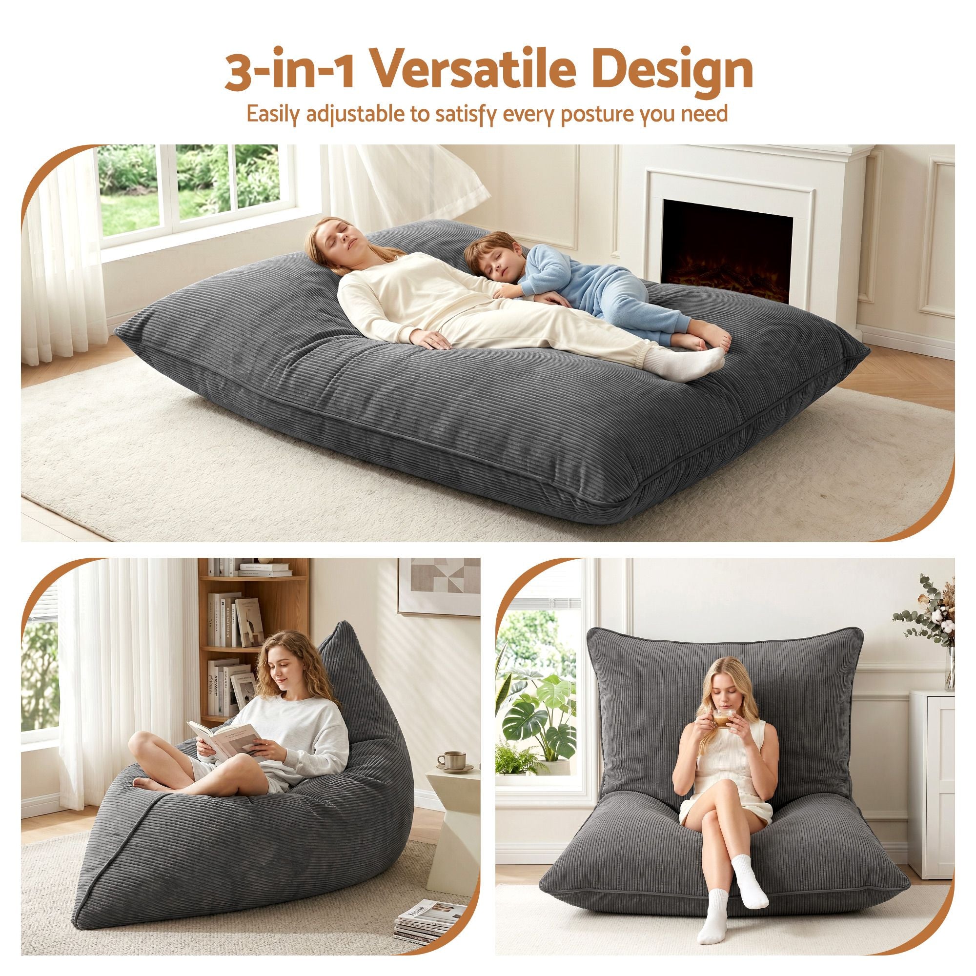 Artiss 3 in 1 Bean Bag Chair Cover No Filler Convertible Bean Bag for Adults, Corduroy Stuffed Animal Storage Bean Bag Cover Washable for Living Room Bedroom, Grey
