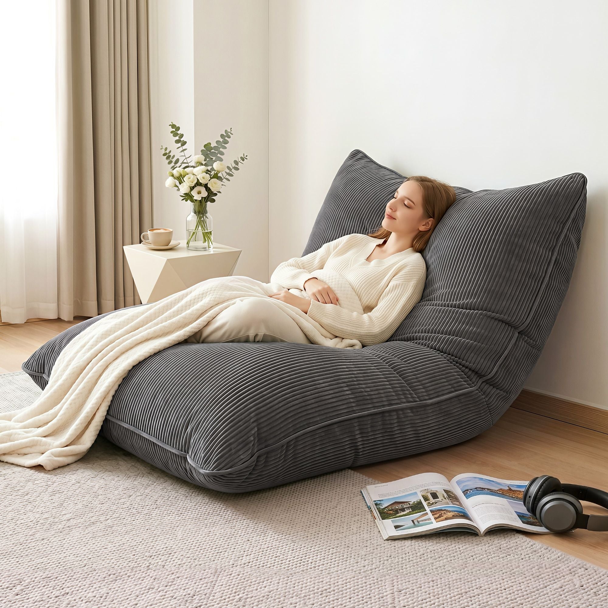 Artiss 3 in 1 Bean Bag Chair Cover No Filler Convertible Bean Bag for Adults, Corduroy Stuffed Animal Storage Bean Bag Cover Washable for Living Room Bedroom, Grey
