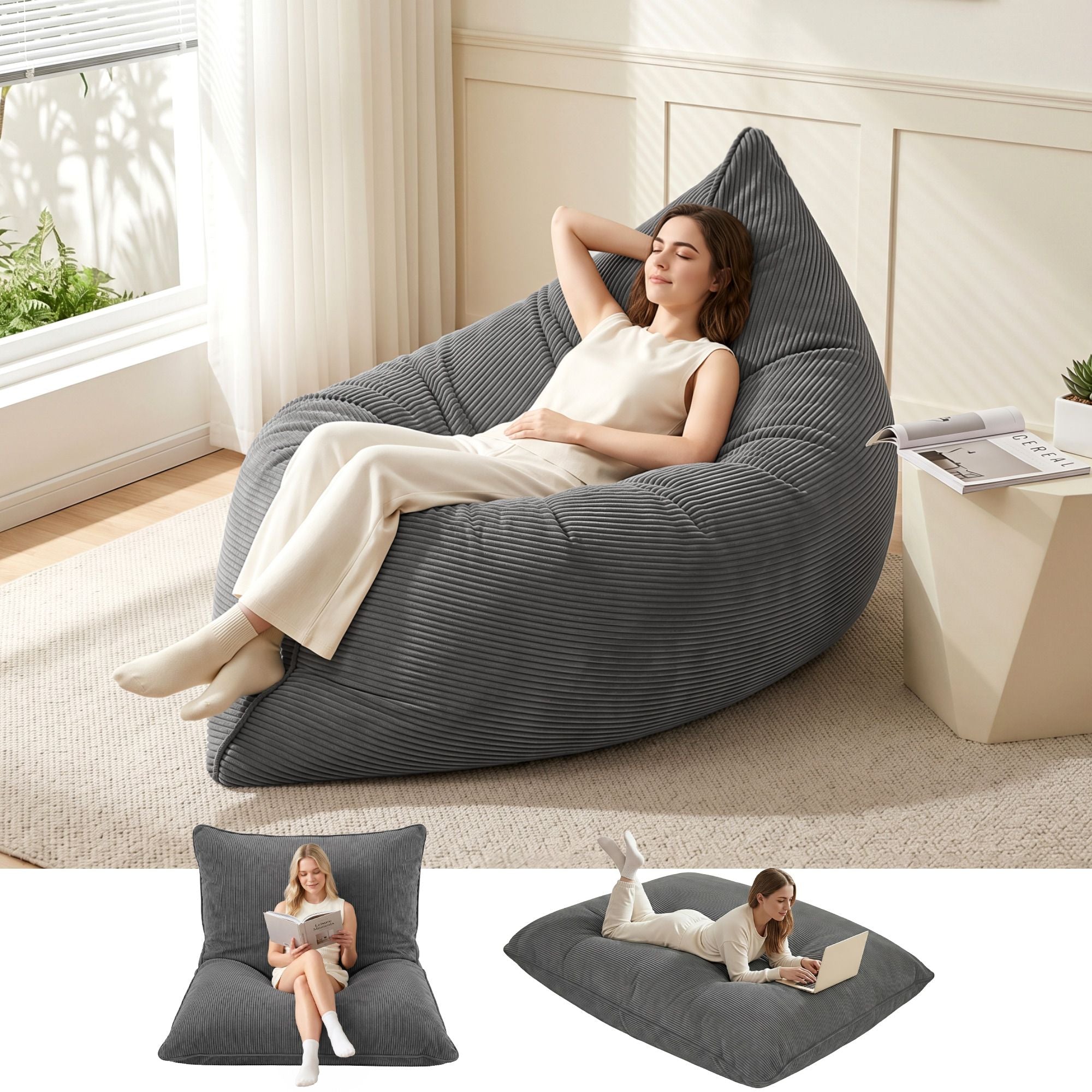 Artiss 3 in 1 Bean Bag Chair Cover No Filler Convertible Bean Bag for Adults, Corduroy Stuffed Animal Storage Bean Bag Cover Washable for Living Room Bedroom, Grey