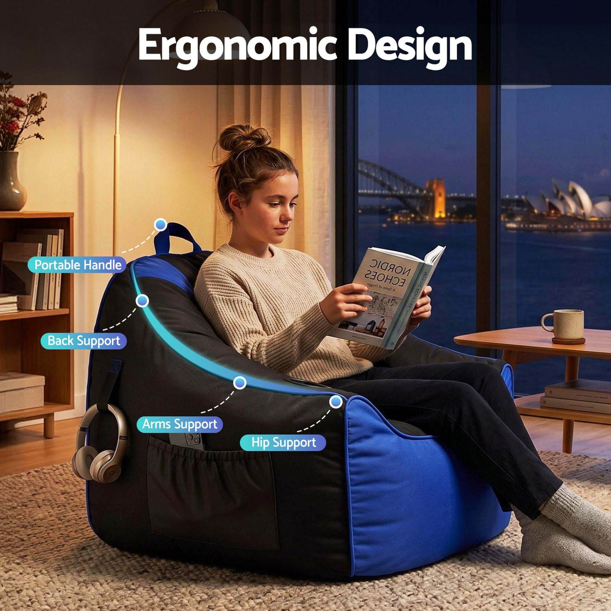 Artiss Gaming Bean Bag Chair Cover No Filler for Adults Teens Kids Splash-Proof Floor Gaming Chair Cover with Side Pockets, Headphone Hanger, Cup Holder, Bean Bag Cover Only