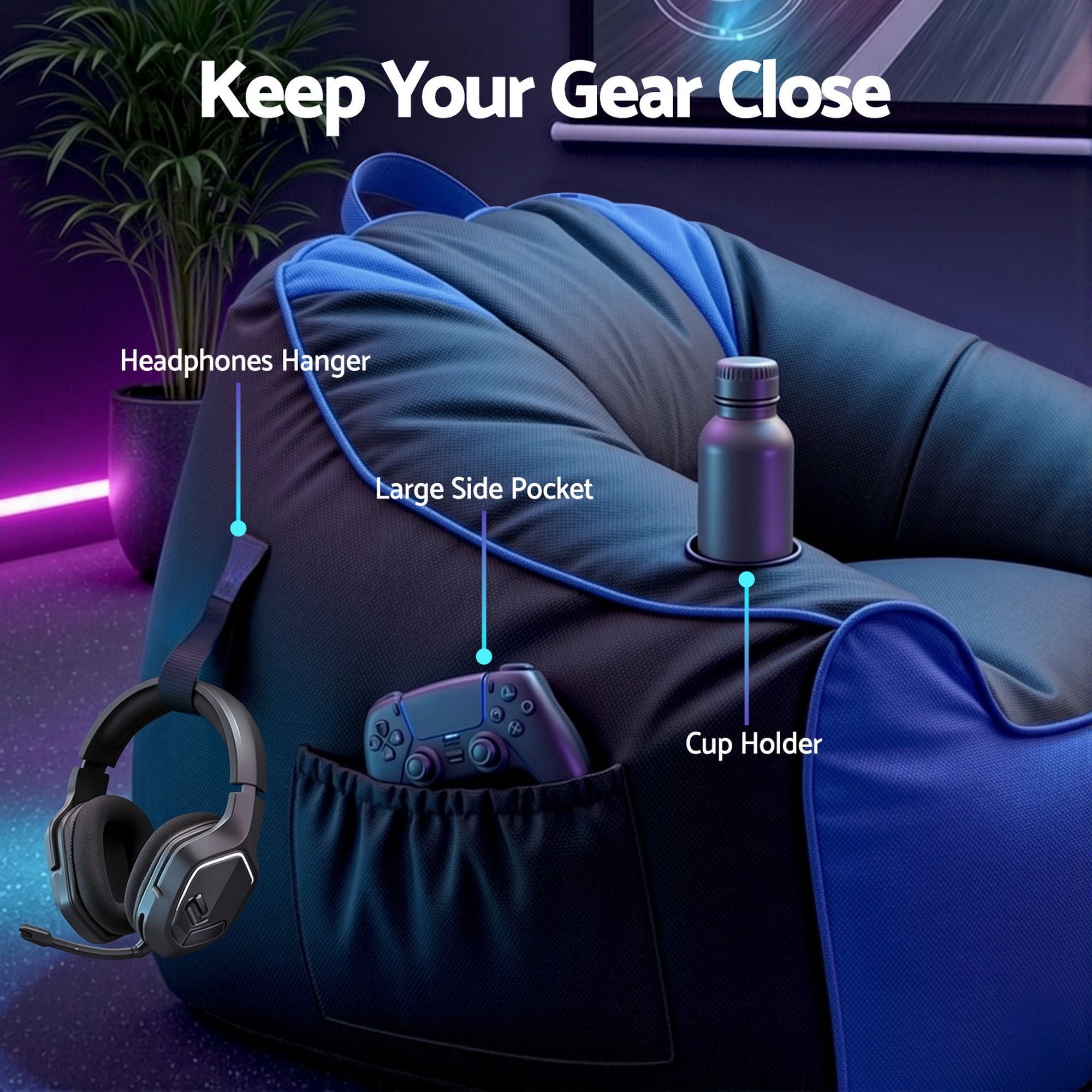 Artiss Gaming Bean Bag Chair Cover No Filler for Adults Teens Kids Splash-Proof Floor Gaming Chair Cover with Side Pockets, Headphone Hanger, Cup Holder, Bean Bag Cover Only