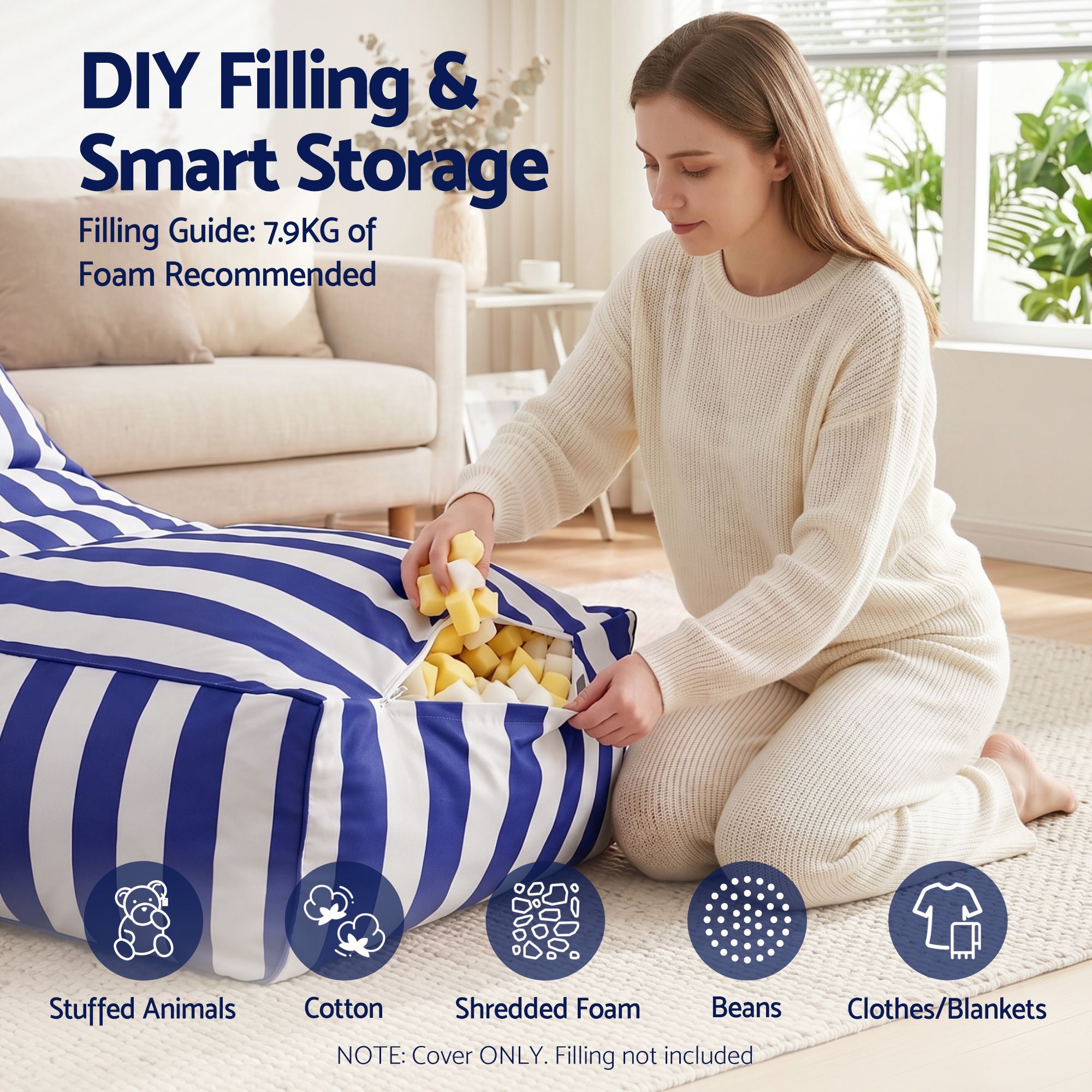 Artiss Outdoor Bean Bag Chair Cover No Filler Splash-Proof Beanbag Lounge Sofacover Stuffed Animal Storage Bean Bag Cover for Patio Poolside Relaxing, Blue