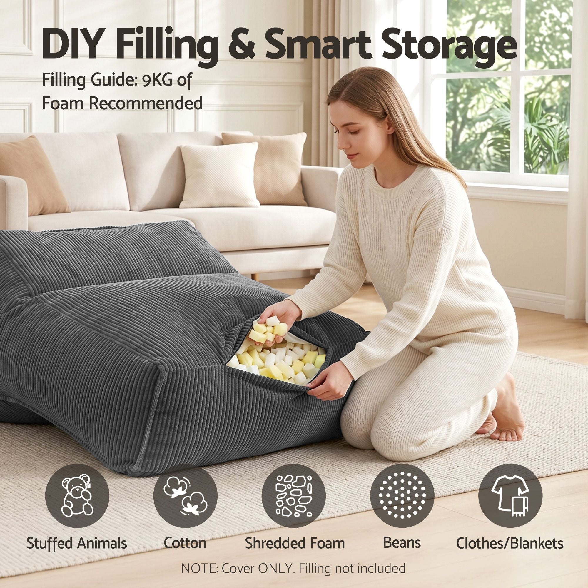 Artiss Bean Bag Chair Cover No Filler Soft Corduroy Stuffed Animal Storage Bean Bag Cover for Adults, Washable Lazy Sofa Cover for Living Room Bedroom, Grey