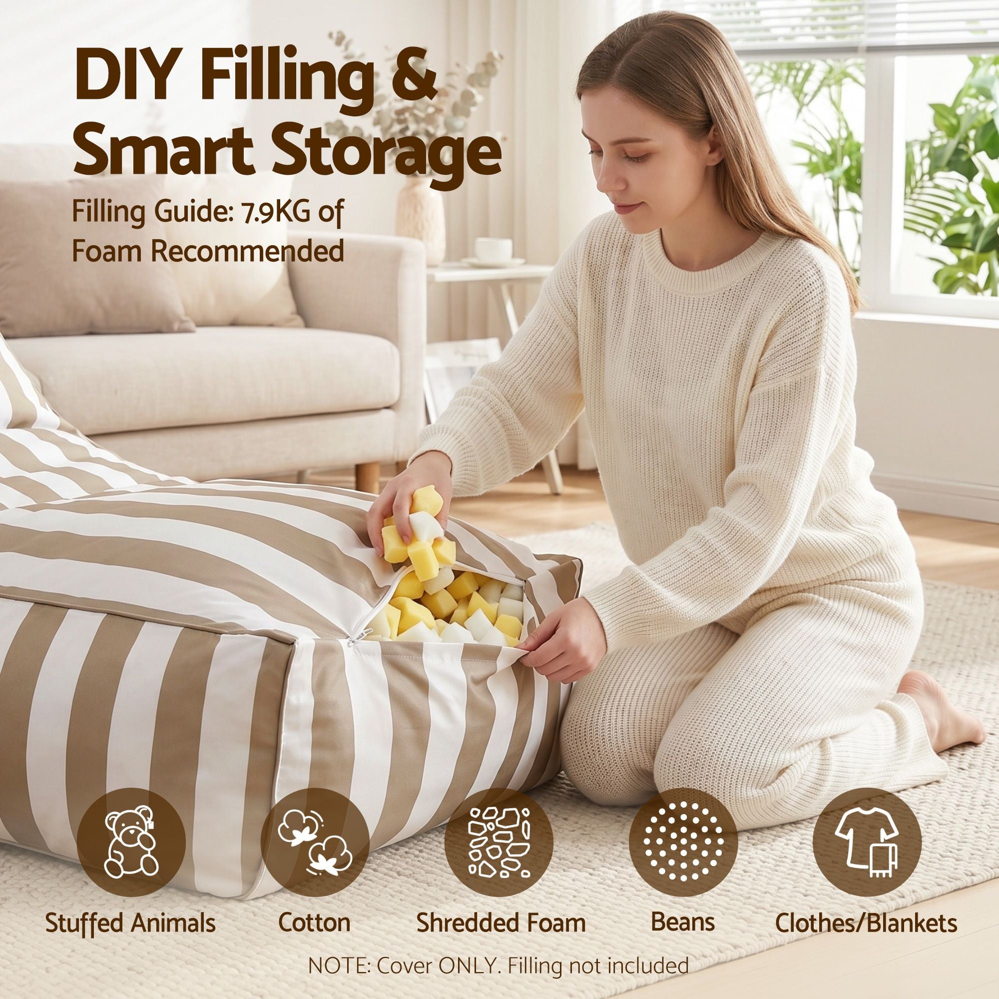 Artiss Outdoor Bean Bag Chair Cover No Filler Splash-Proof Beanbag Lounge Sofacover Stuffed Animal Storage Bean Bag Cover for Patio Poolside Relaxing, Taupe