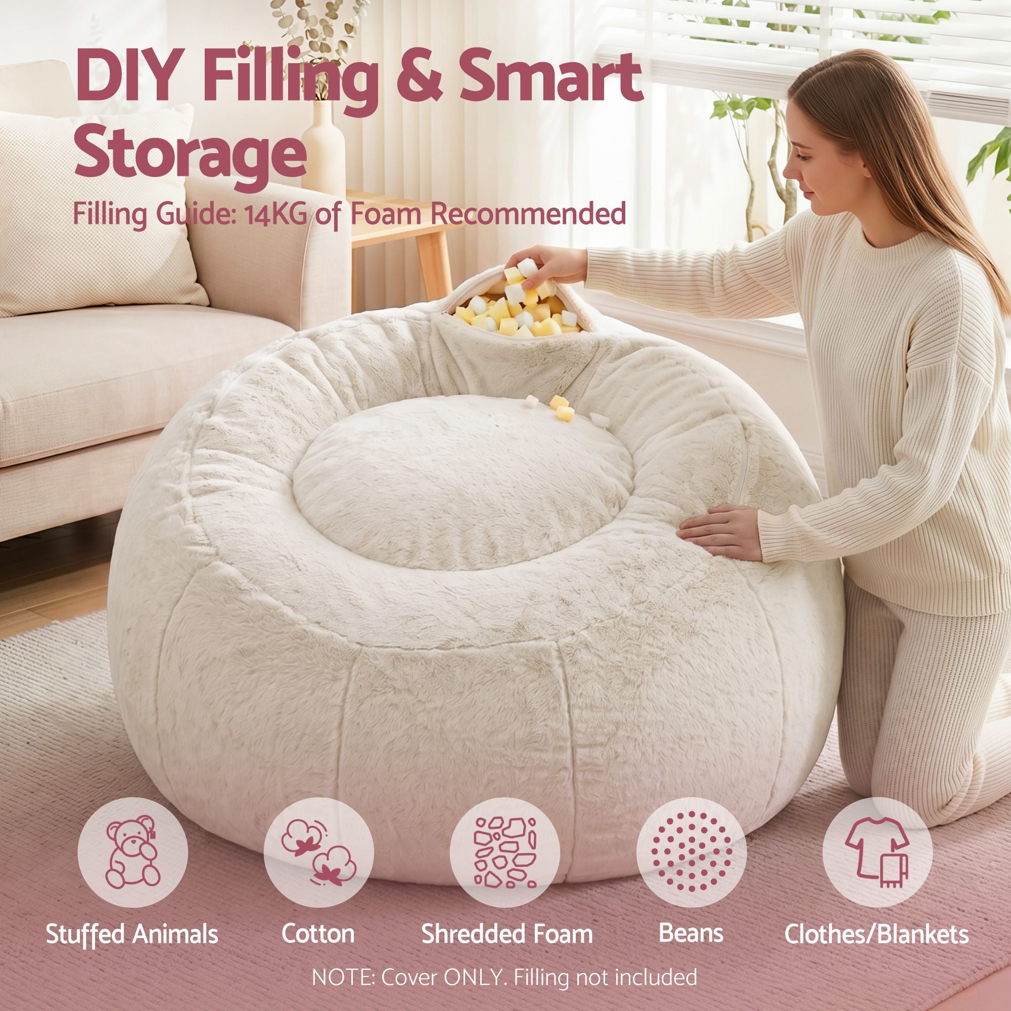 Artiss Bean Bag Chair Cover No Filler Soft Faux Fur Beanbag Cover Large Round Stuffed Animal Storage Bean Bag Cover Washable Lazy Sofa Cover for Adults Kids Teens, Beige